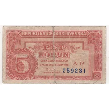 ČESKOSLOVENSKO. 5 korun 1949. Série A 19. Hej. 83a2.