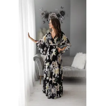 Dámské šaty Dlouhé šaty s květinovým vzorem s nafouknutými rukávy Barva: Černá, Velikost: S