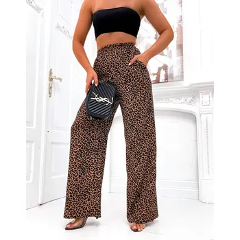 Dámské kalhoty Hnědo-černé vzdušné dámské kalhoty s panteřím vzorem a s gumou v pase (82197) odstíny hnědé L (40)