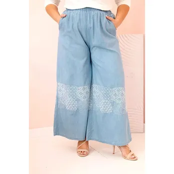 Dámské kalhoty Dámské kalhoty Plus Size se širokými nohavicemi a etnickou výšivkou světle džínové UNI