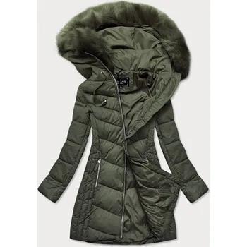 Dlouhá dámská prošívaná zimní bunda v khaki barvě (7689) odstíny zelené S (36)