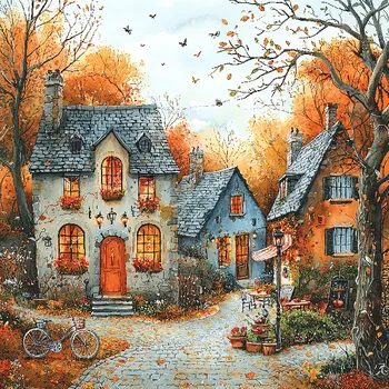 Látkový panel - Podzimní krajinka, domečky - BAR-111 Velikost: 30x30cm, Materiál: Bavlna