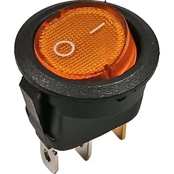vypínač Vypínač kolébkový kulatý, 1 pólový, žlutý, prosvětlený 12V DC / 16A ON-OFF