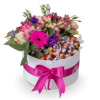 Dárkový potravinový koš Květinový box s mixem čokolád Suzette velký – Belles Fleurs