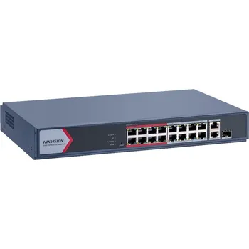 Síťový prvek Hikvision DS-3E1318P-EI/M Switch, 16× RJ-45 100Mb/s, 1× GbE RJ-45, 1× GbE combo RJ-45/SFP 1Gb/s, 16× PoE+ 802.3af/at, PoE budget 130W, extend mód do 300m, kov DS-3E1318P-EI/M