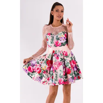 Dámské šaty Květované šaty se síťovinou a krajkou 49008-3 Barva: Světle Růžová, Velikost: L