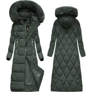 Dlouhá dámská zimní bunda v lahvově zelené barvě s kapucí (7688) odstíny zelené XL (42)