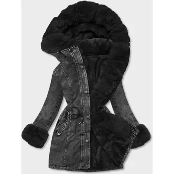 Černá dámská džínová bunda s kožešinovou podšívkou (B8068-101) odstíny černé XL (42)