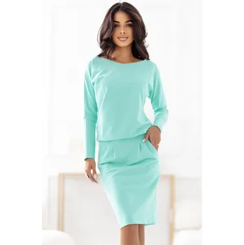 Dámské šaty 189-12 Teplákové šaty s dlouhým rukávem a kapsami - pohodlný střih s výstřihem na zádech - MINT XXL
