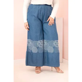 Dámské kalhoty Plus Size se širokými nohavicemi a etnickou výšivkou džínové UNI