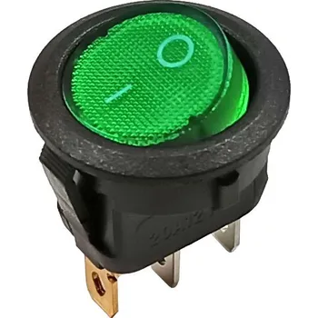 vypínač Vypínač kolébkový kulatý, 1 pólový, zelený, prosvětlený 12V DC / 16A ON-OFF