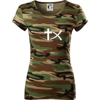 Dámské tričko Ježíšova ryba - Dámské maskáčové triko - 2XL ( Hnědý maskáč )