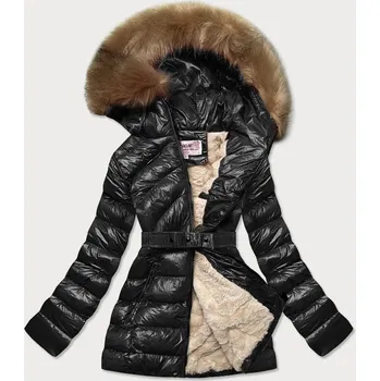 Černo-béžová lesklá zimní bunda s mechovitou kožešinovou podšívkou (w674) odstíny černé XL (42)