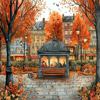 Látkový panel - Podzimní krajinka, domečky - BAR-113 Velikost: 35x35cm, Materiál: Kočárkovina