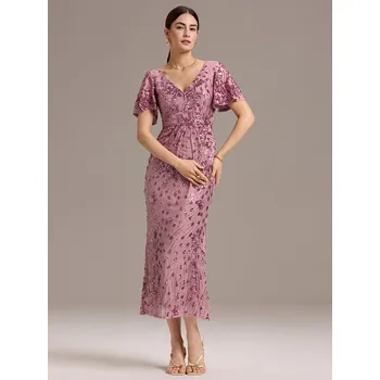 Dámské šaty Plesové šaty s flitry a výstřihem do V midi Barva: Purpurová, Velikost: M