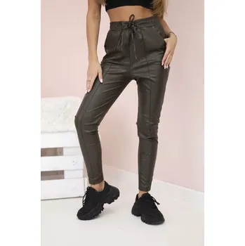 Dámské oblečení Dámské kalhoty z eko kůže s vázáním a rozparkem na nohavici khaki L