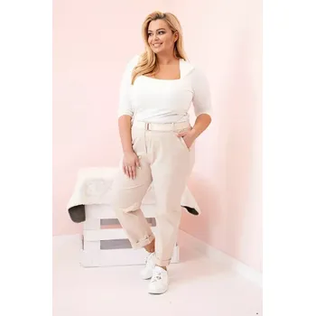 Dámské kalhoty Dámské bavlněné kalhoty Plus Size s páskem světle béžová XL