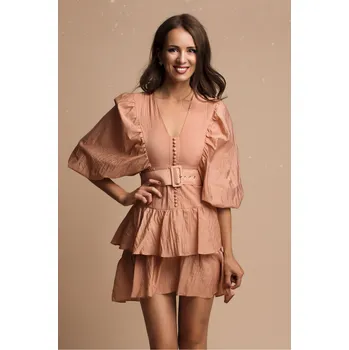 Dámské šaty Společenské mini šaty s páskem a širokým rukávem 73002-2 Barva: Růžová, Velikost: S