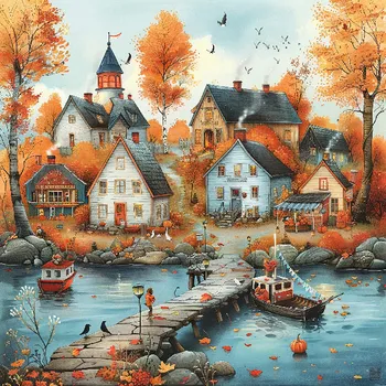 Látkový panel - Podzimní krajinka, domečky - BAR-122 Velikost: 25x25cm, Materiál: Úplet