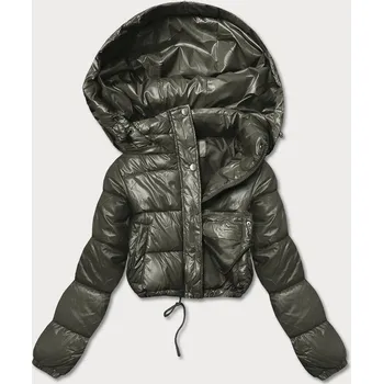 Krátká péřová bunda v khaki barvě typu crop (d2-3831-22) odstíny zelené XXL (44)