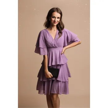 Dámské šaty Krátké šaty s volánky a nabíranými rukávy 73005-1 Barva: Fialová, Velikost: S