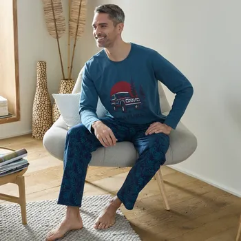 Pánské oblečení Pyžamové tričko s potiskem a dlouhými rukávy modrošedá 107/116 (XL)