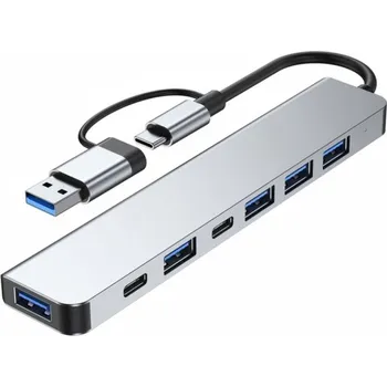 2217TU 7v1 hub - 2x USB-C / 4x USB-A 2.0 / USB-A 3.0 na USB-C / USB-A - stříbrný