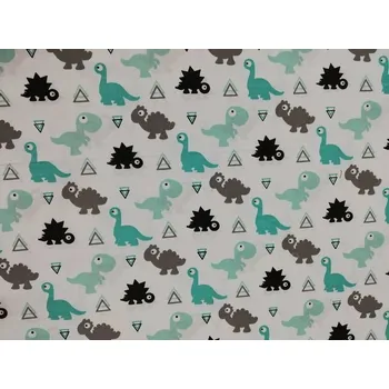 Bavlněná česká látka šíře 160cm - Tyrkysový, šedý a černý dinosaurus (50cm)