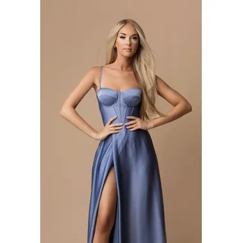 Dámské šaty Dlouhé šaty s ramínky a rozparkem na nohavici 76011-7 Barva: Světle Modrá, Velikost: L
