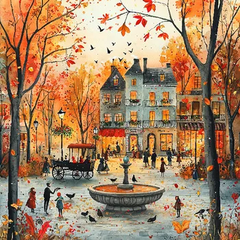 Látkový panel - Podzimní krajinka, domečky - BAR-115 Velikost: 20x20cm, Materiál: Teplákovina nepočesaná