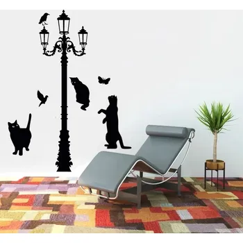 Samolepící dekorace Kočky pod lampou - vinylová samolepka na zeď Výška lampy 100cm