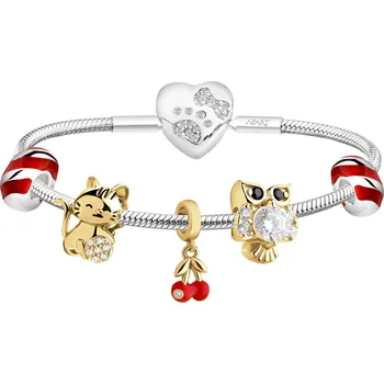 Náramek Stříbrný dětský náramek Beads - sada - sova, kočka, višně - AP93-0455