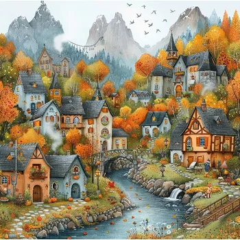 Látkový panel - Podzimní krajinka, domečky - BAR-116 Velikost: 30x30cm, Materiál: Bavlna