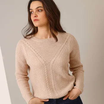 Dámský svetr Pulovr s copánkovým vzorem béžový melír 52