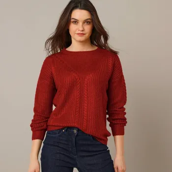 Dámská móda Pulovr s copánkovým vzorem tmavě červená 34/36