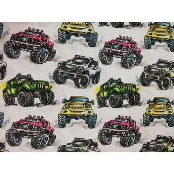 Bavlněná česká látka šíře 160cm - Monster truck na bílé (50cm)