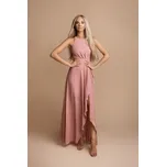 Dlouhé šaty bez rukávů s řasením a volánkovým rozparkem Barva: Růžová, Velikost: L