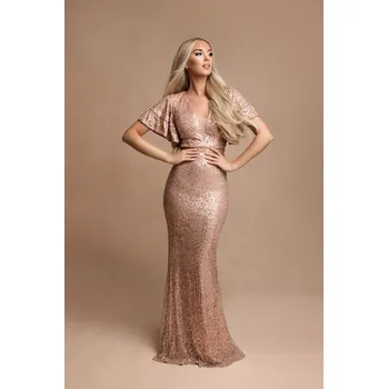 Dámské šaty Flitrové dlouhé šaty s výstřihem a volánkovými rukávy Barva: Zlatá, Velikost: S