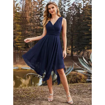 Dámské šaty Šifonové asymetrické šaty na svatbu s výstřihem do V Barva: Tmavě Modrá, Velikost: M