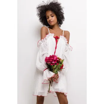 Dámské šaty Letní volánkové šaty bílé s puntíky 61001-1 Barva: Bílá, Velikost: L