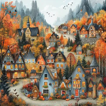 Látkový panel - Podzimní krajinka, domečky - BAR-114 Velikost: 30x30cm, Materiál: Bavlna