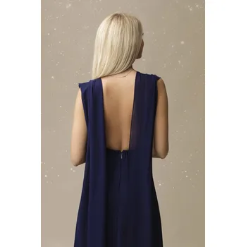 Dámské šaty Dlouhé tylové šaty s vázáním na zádech a odhalenými rameny Barva: Tmavě Modrá, Velikost: M