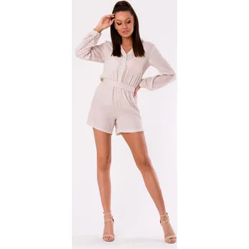 Dámský overall Krátký overal na knoflíky kombinéza se šortky a dlouhými rukávy Barva: Hnědá, Velikost: S