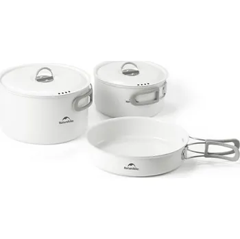 Kempingové nádobí Naturehike hliníková sada nádobí s keramickou vrstvou pro 3-4 osoby - 1138g (velký hrnec + malý hrnec + pánev)