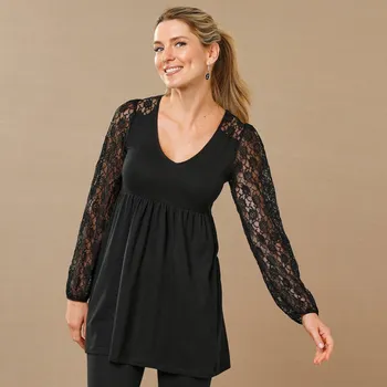 Dámské tričko Tunika s dlouhými krajkovými rukávy černá 58
