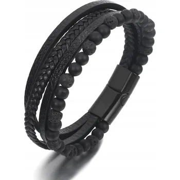 Náramek Vícevrstvý kožený náramek s korálky a lávovým kamenem, 23 cm