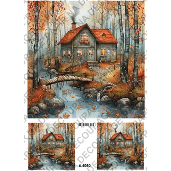Umělecký papír Rýžový a soft papír na decoupage - Podzimní domečky - KB04060 Materiál: Soft, Rozměr: A4