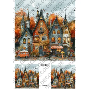 Umělecký papír Rýžový a soft papír na decoupage - Podzimní domečky - KB04057 Materiál: Soft, Rozměr: A4