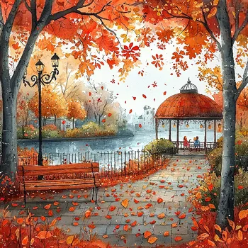 Látkový panel - Podzimní krajinka, domečky - BAR-109 Velikost: 30x30cm, Materiál: Bavlna