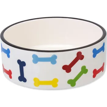 Miska pro psa Miska DOG FANTASY keramická potisk barevné kosti bílá